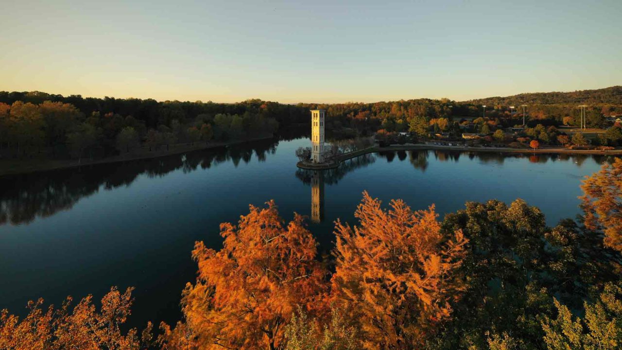bell tower at sunset, aerial view