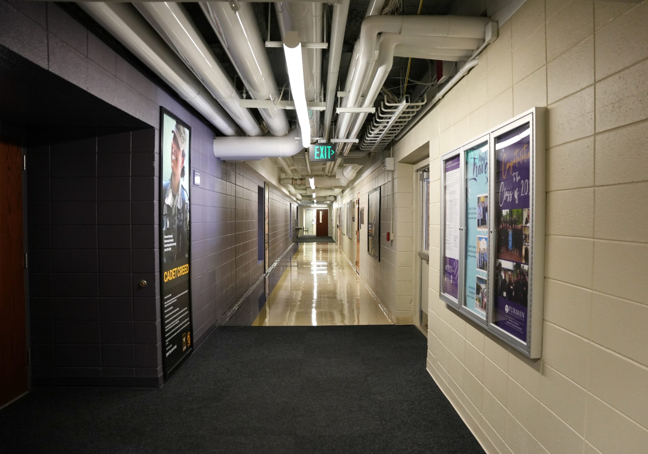 Hallway is shown from the exit from the current IACH office suite. Dark carpet and paint with harsh lighting.