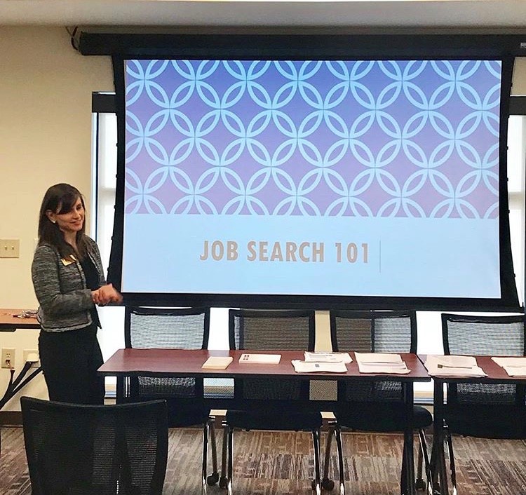 Career Center Staff Member giving a presentation on 'Job Search 101'