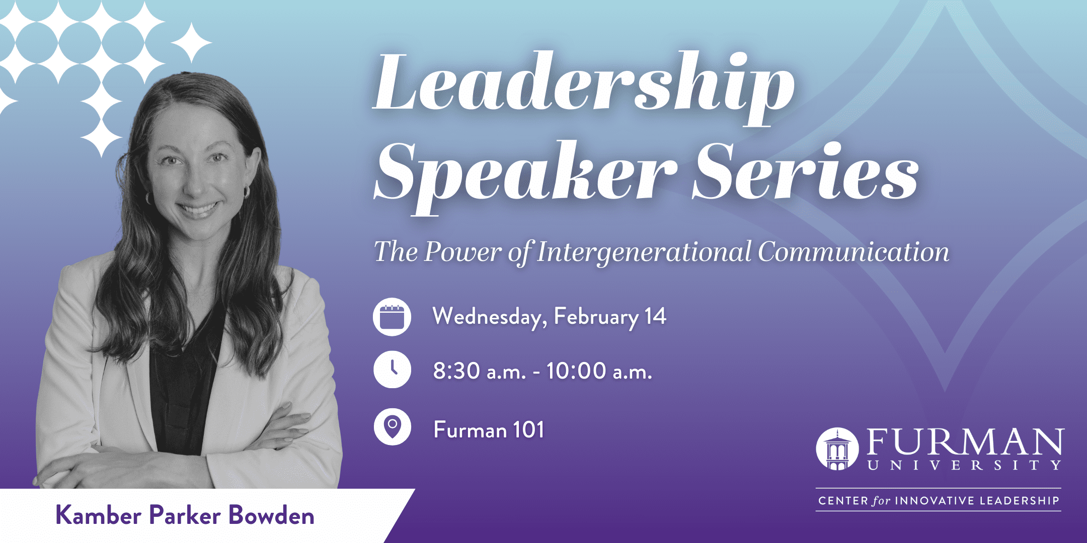 a banner summarizing the location, time, details of the event featuring a headshot of the speaker