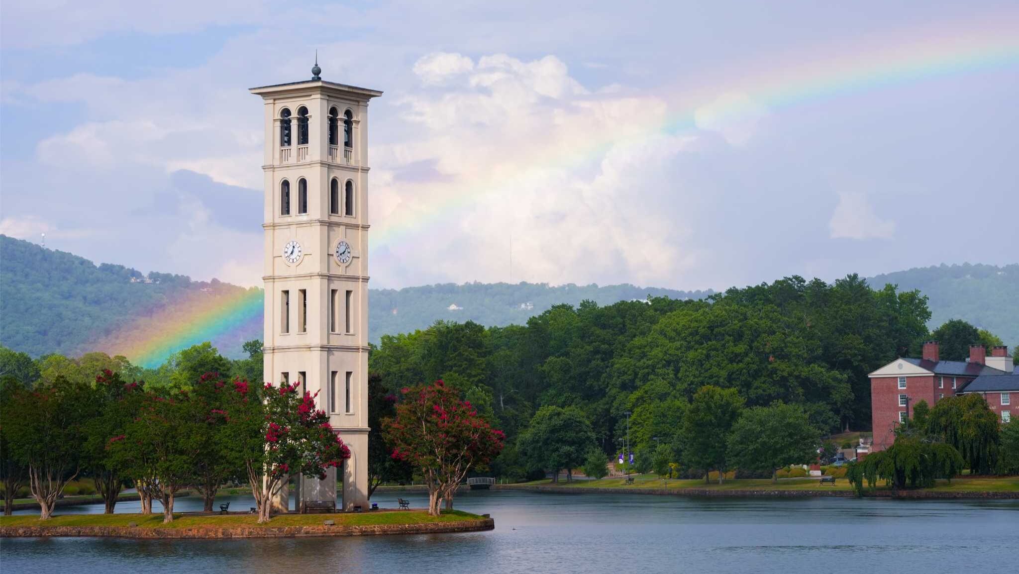 A rainbow formed behind the bell tower after a thunderstorm on Wednesday, July 30, 2025.
