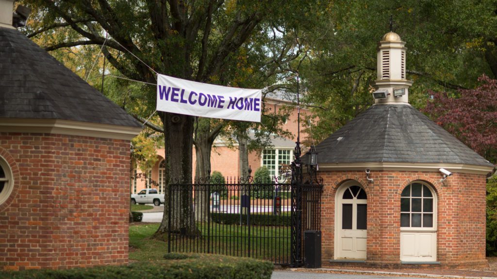 Welcome Home banner over furman entrance