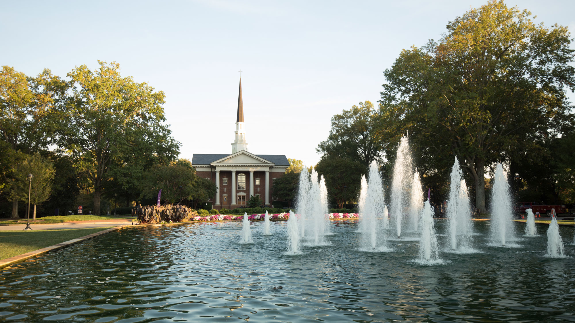 View of Furman fountains during sunrise in spring