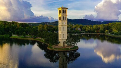 Bell tower, aerial shot, view of lake and clouds