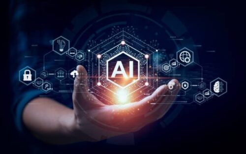 Businessman touching the brain working of Artificial Intelligence (AI)