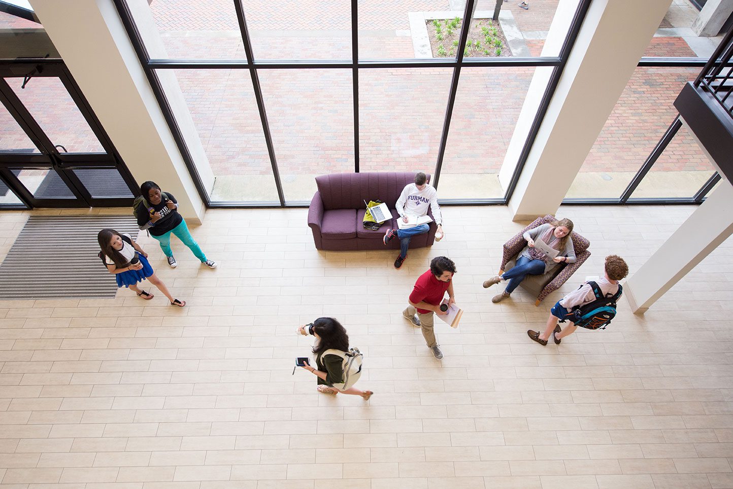 Bird's eye view of Trone, students walking beneath the camera's view