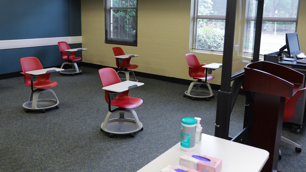 Desks spaced out in the Furman Hall classrooms