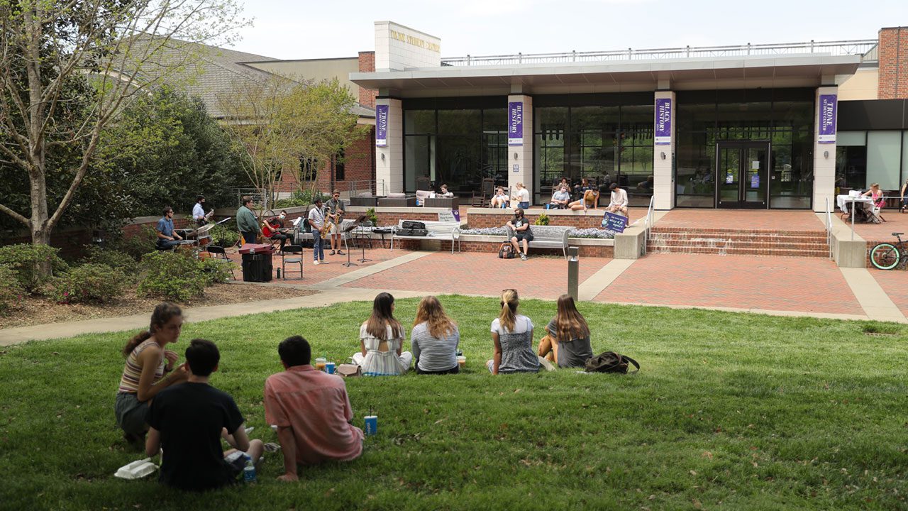 Students sitting on grass on Furman Engaged Day