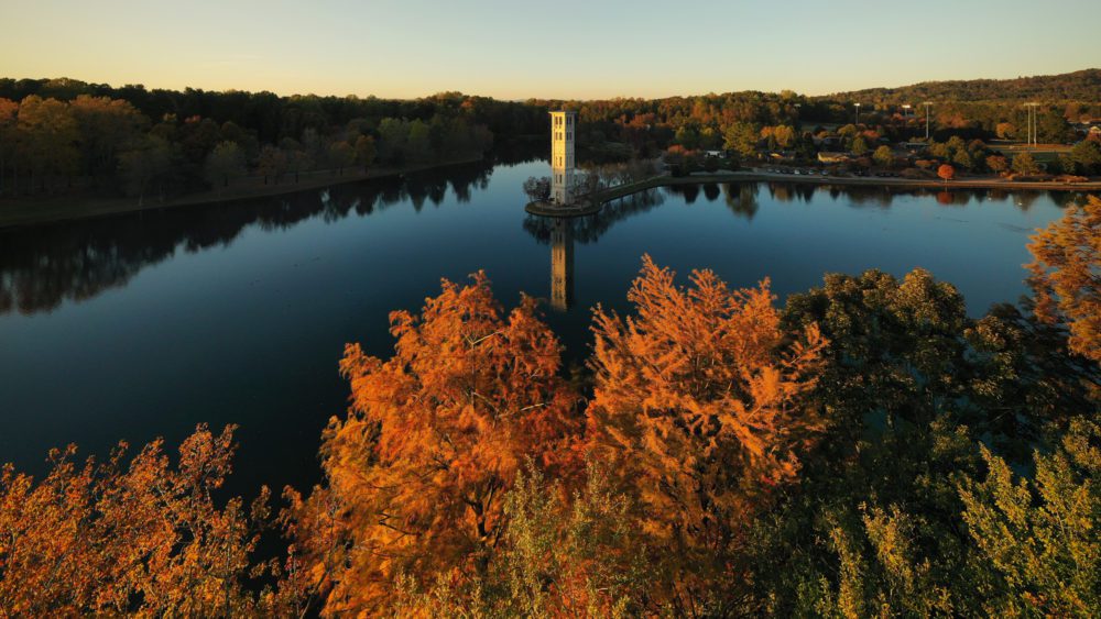 Bell tower, aerial view at sunset