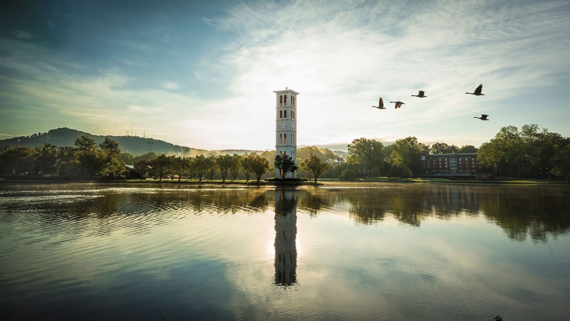 Furman Bell tower with birds flying overhead
