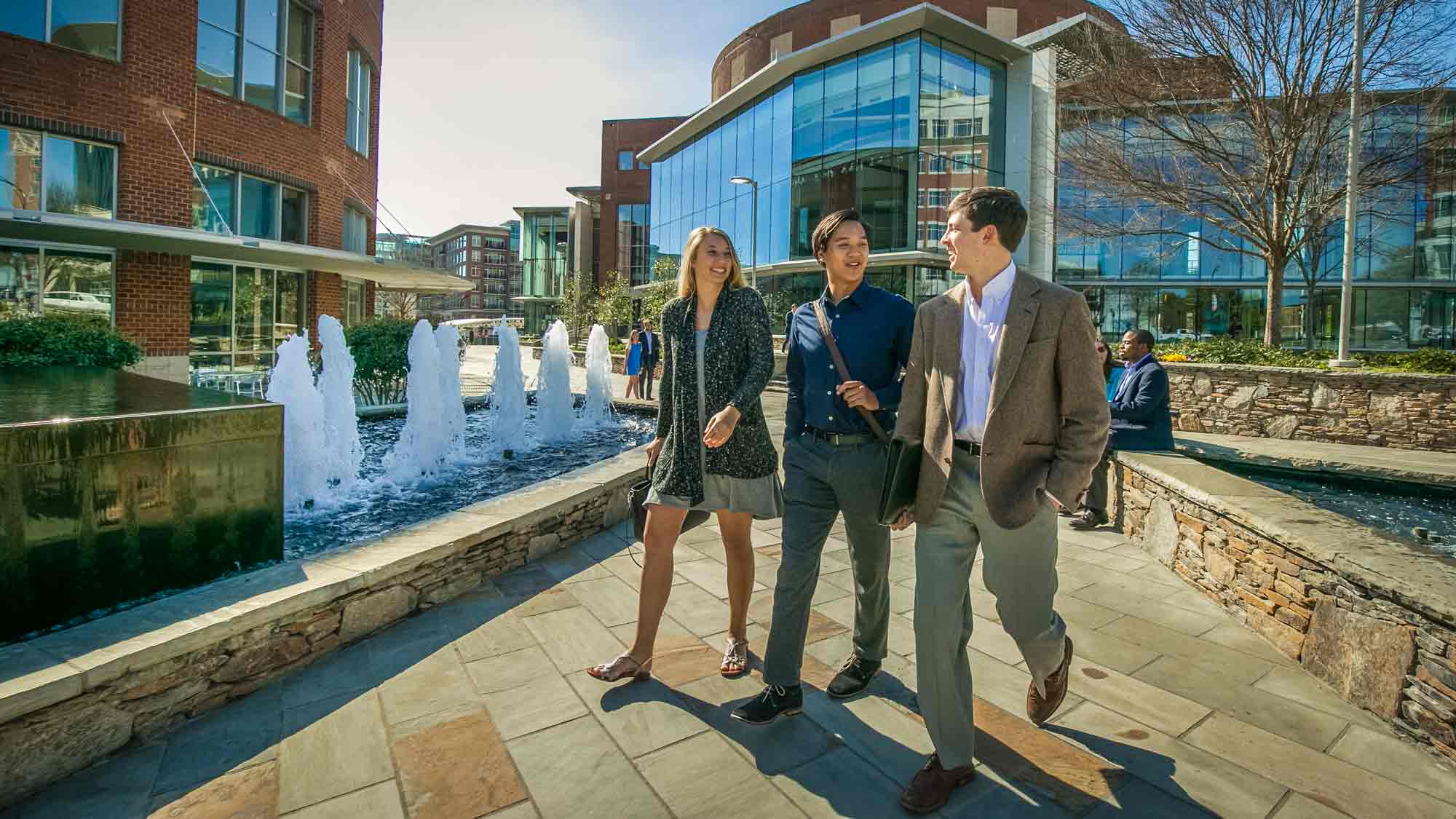 Students walking downtown in winter