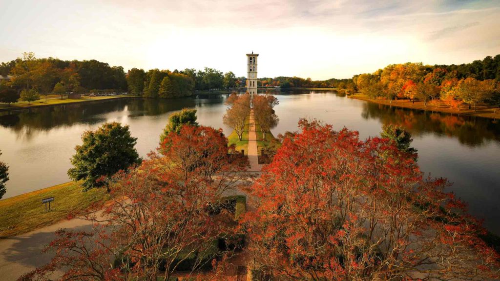 Bell tower, aerial view, in fall