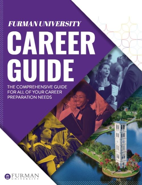 A flyer with "Career Guide" and three pictures of students and the Furman Tower