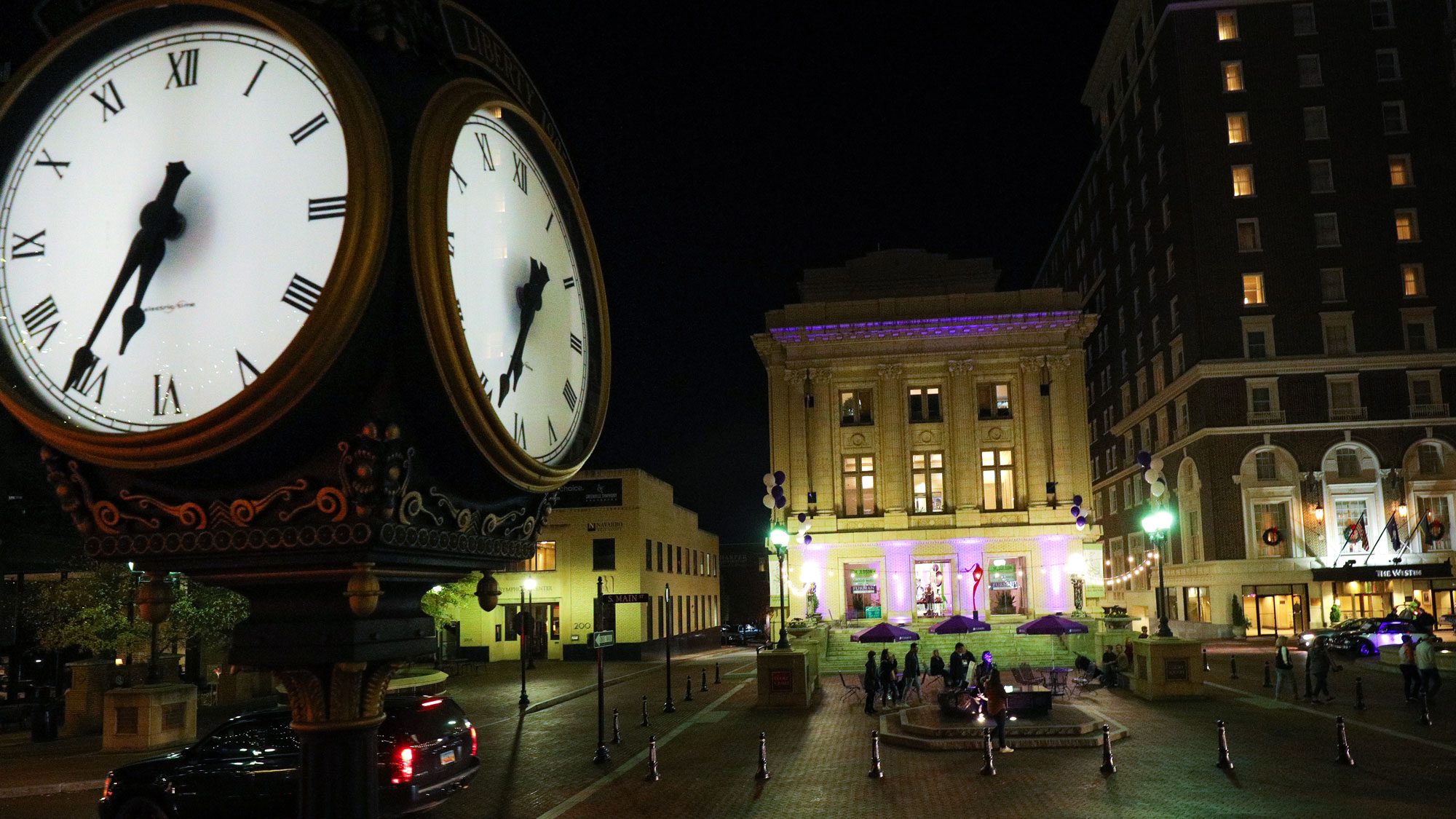 Night time view of Judson and Greenville clock