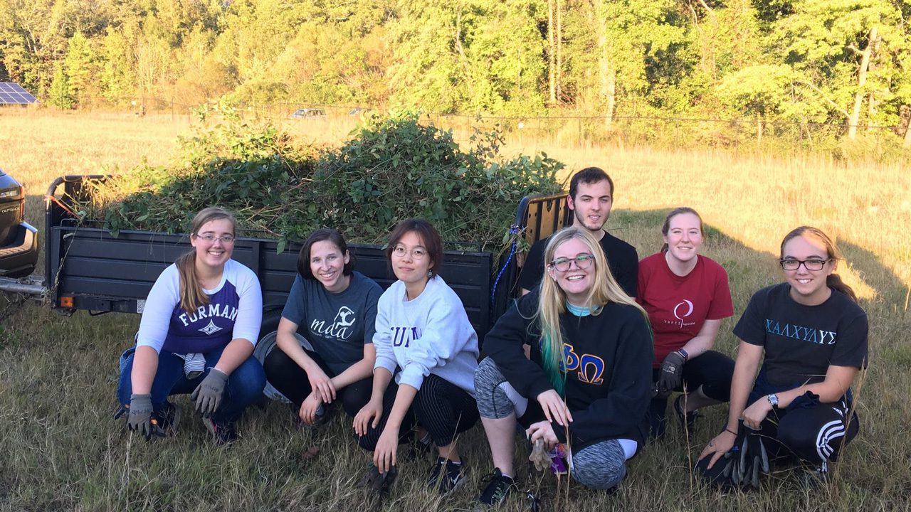 Alpha Phi Omega service fraternity members weeding under the solar panels at the solar farm in October of 2019.