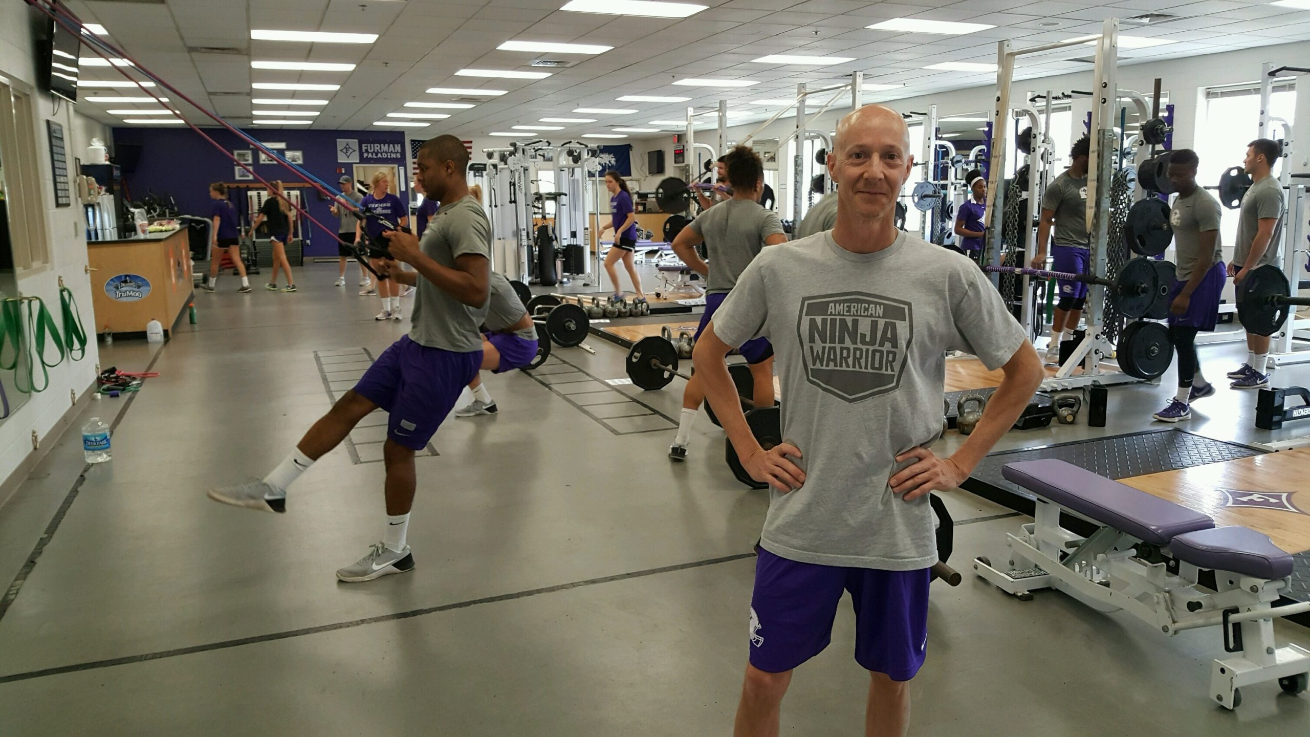 Furman fan Bootie Cothran trains in the weight room at Timmons Arena to prepare for "American Ninja Warrior."