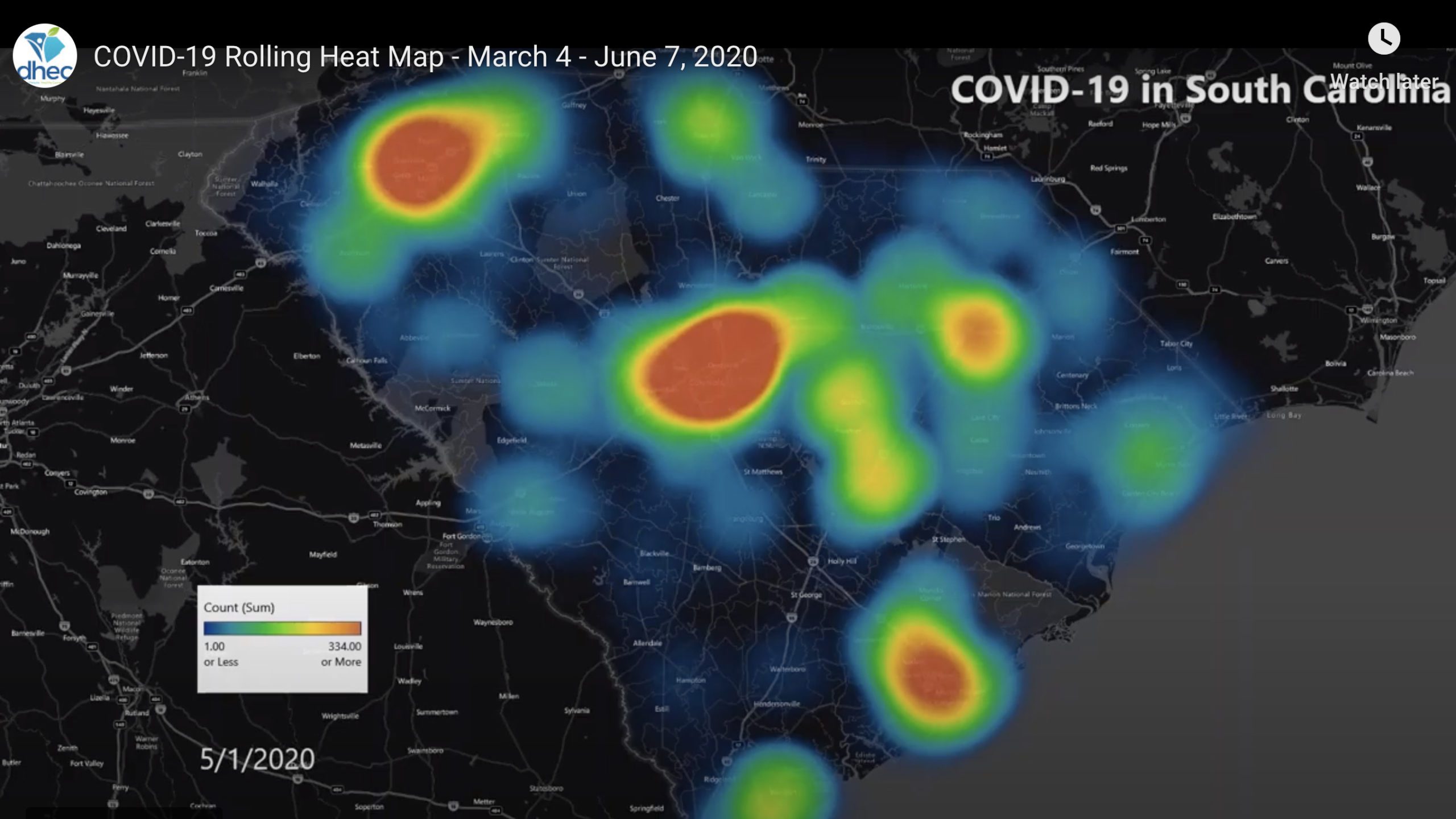 A heat map shows blue, green, yellow and red dots across South Carolina.