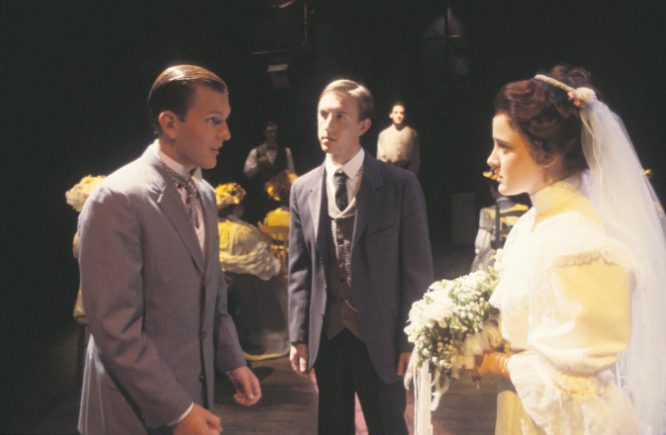 From left: Chris Bainbridge ’02, Jason Paradine ’02 and Megan Prewitt Koon ’02 in the Furman Theatre production of “Our Town” in November 1999.