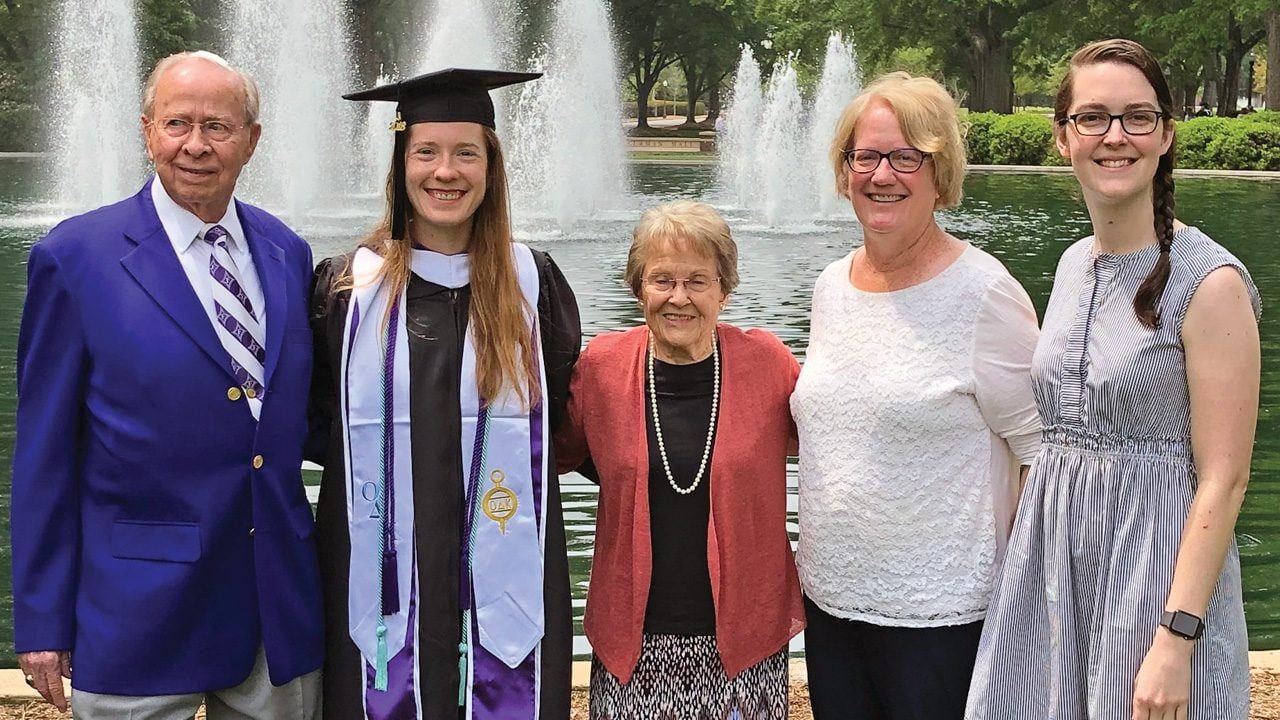 From left: Former chair of the Furman Board of Trustees and family friend John Cothran ’54, Buchalski, Jeanette Cothran, family friend and wife of John Cothran, mother LuRae Buchalski and cousin Jaycelyn Holland ’09 at Commencement. / Courtesy Photo