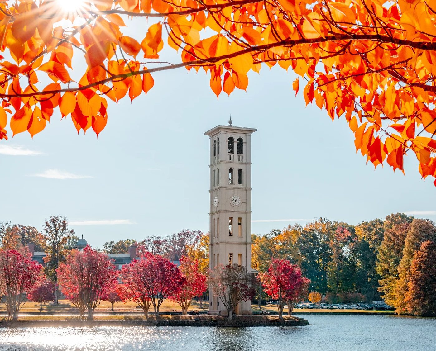 bell tower with fall leaves in foreground