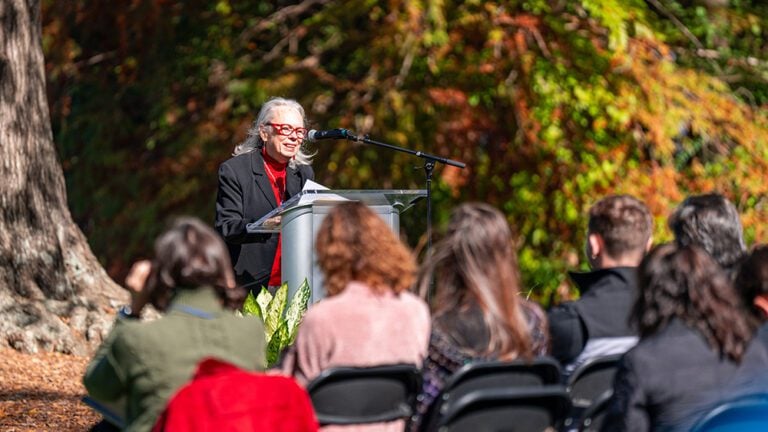 A woman speaks outside in front of a crowd. 