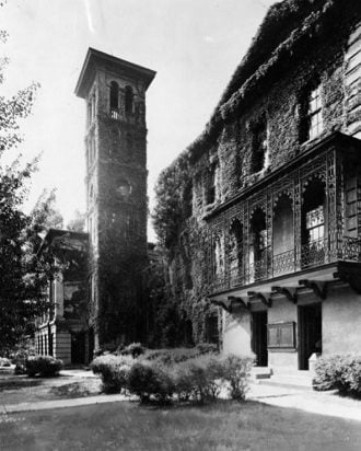 a vintage black and white photo of a bell tower at Furman's downtown campus. Bicentennial Celebration.