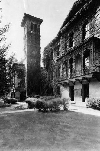 black and white photo of bell tower