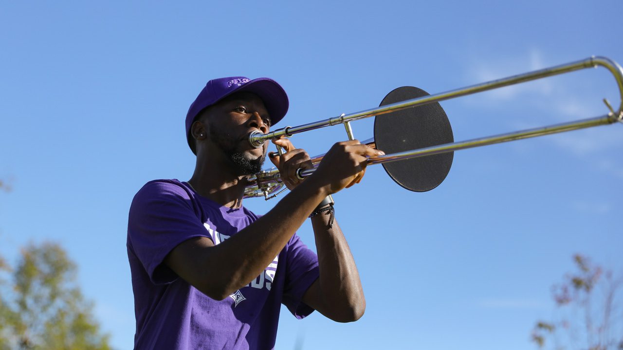 Patrick Carolina '22 performs during the 2020 Homecoming festivities on campus, which included athletic scrimmages, a car parade and band showcase.