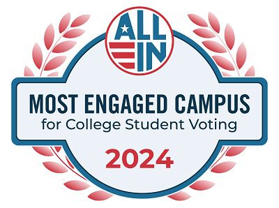 a badge showing ALL IN Most Engaged Campus for College Student Voting 2024