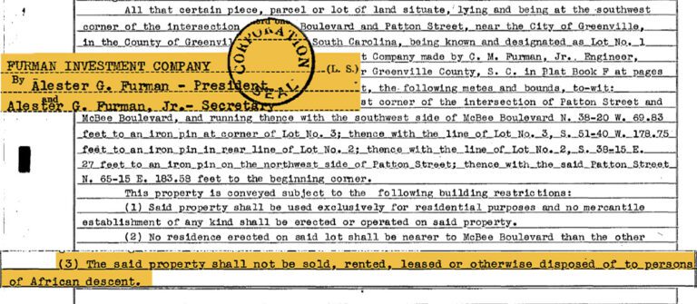 Copy of a real estate deed that says the land cannot belong to Black people.