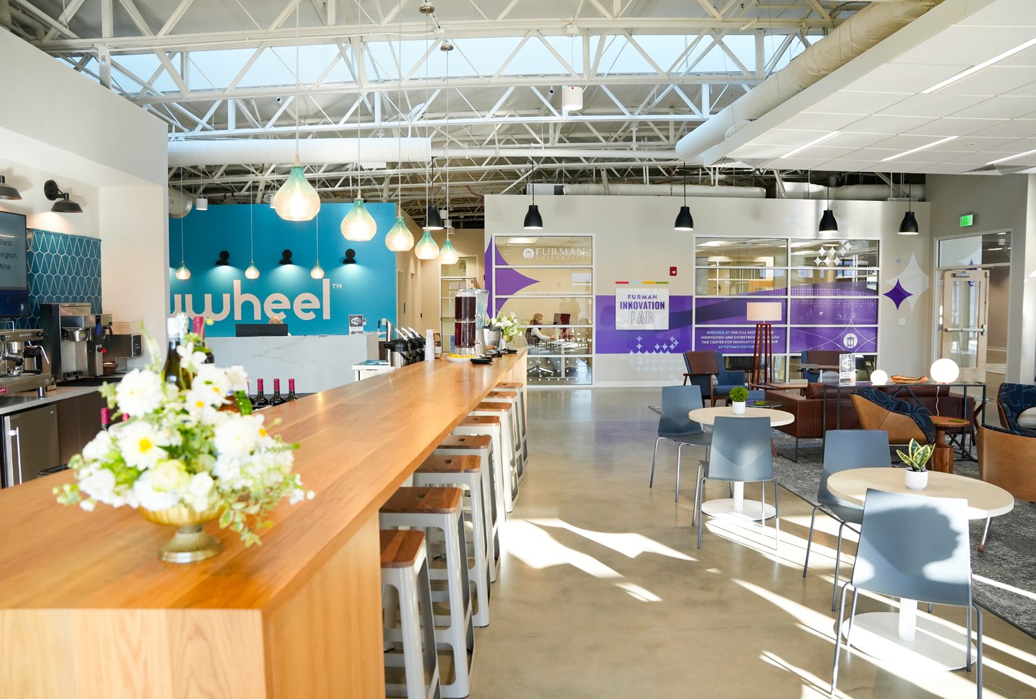 A lounge area in the Crescent Innovation District. Photo by Nathan Gray, Furman University.