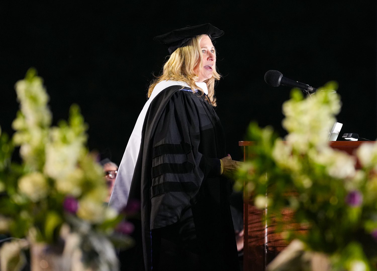 Kristin Huguet Quayle ’99 gives the commencement address during the 2025 Commencement Ceremony in Paladin Stadium on May 10.