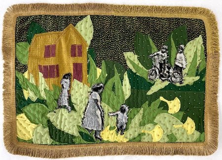 a textile work of art featuring a house, green leaves and images of people superimposed