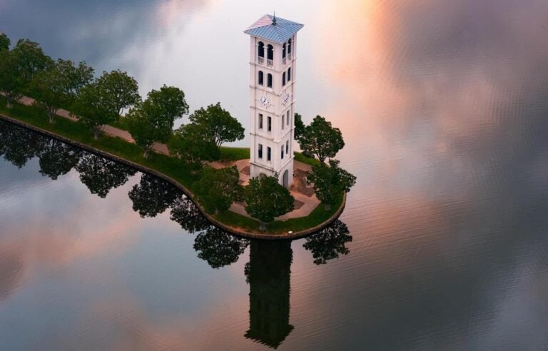 An aerial view of a campus bell tower at Furman University.