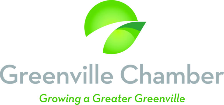 The logo for the Greenville Chamber of Commerce, with the organization's title below and the phrase "Growing a Greater Greenville" underneath it
