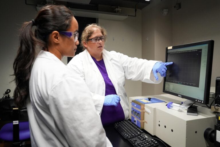 A lab manager gestures toward a screen while a student looks and listens to her.
