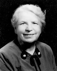 A vintage black and white photo of a white woman. Laura Ebaugh for Bicentennial Exhibit