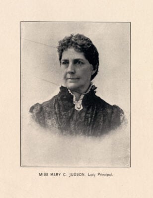 A vintage 1800s photo of a white woman wearing period clothing. Mary Camilla Judson