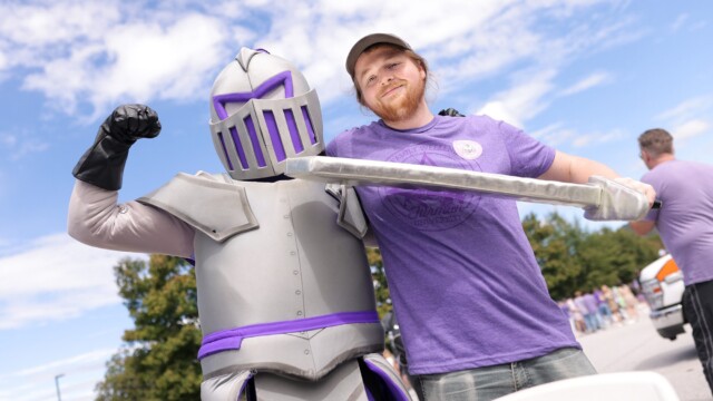Matt Smith '24 (right) with Victor outside Paladin Stadium