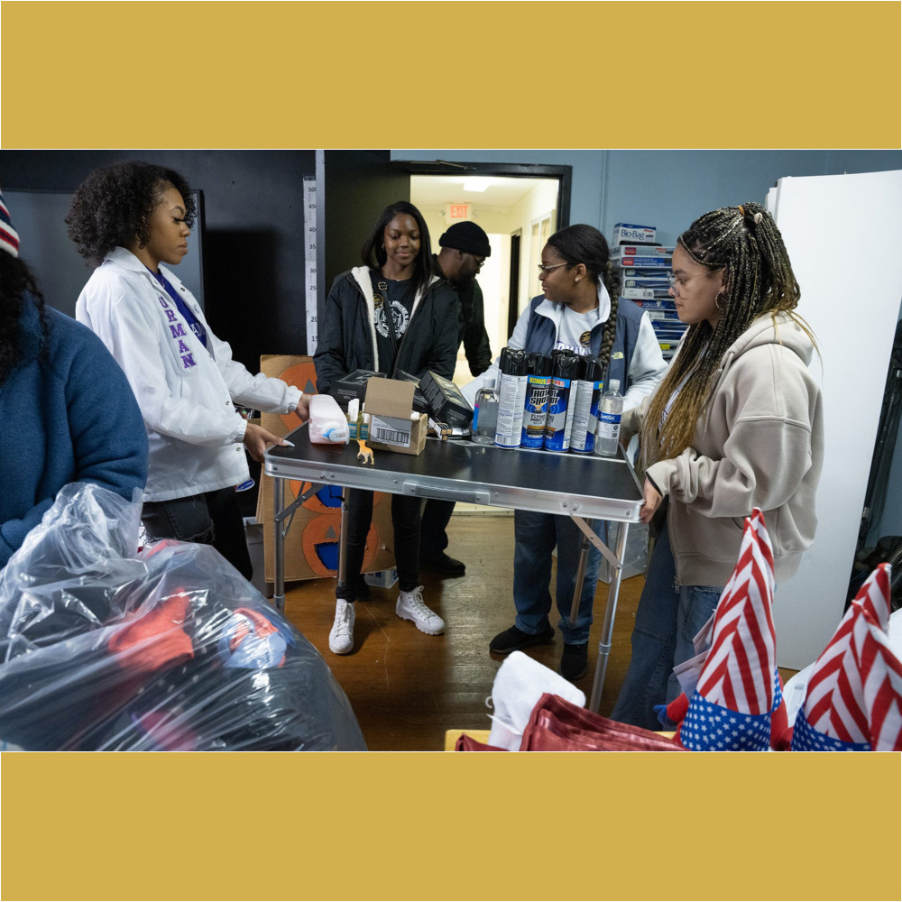 From left, Jordyn Wilson ’24, Mia Freeman ’24, Myla Crosby ’24, and Leighaja Kelso ’26, helped Risen Church in Travelers Rest organize donations as part of the MLK Day of Service on Monday, January 16, 2023.
