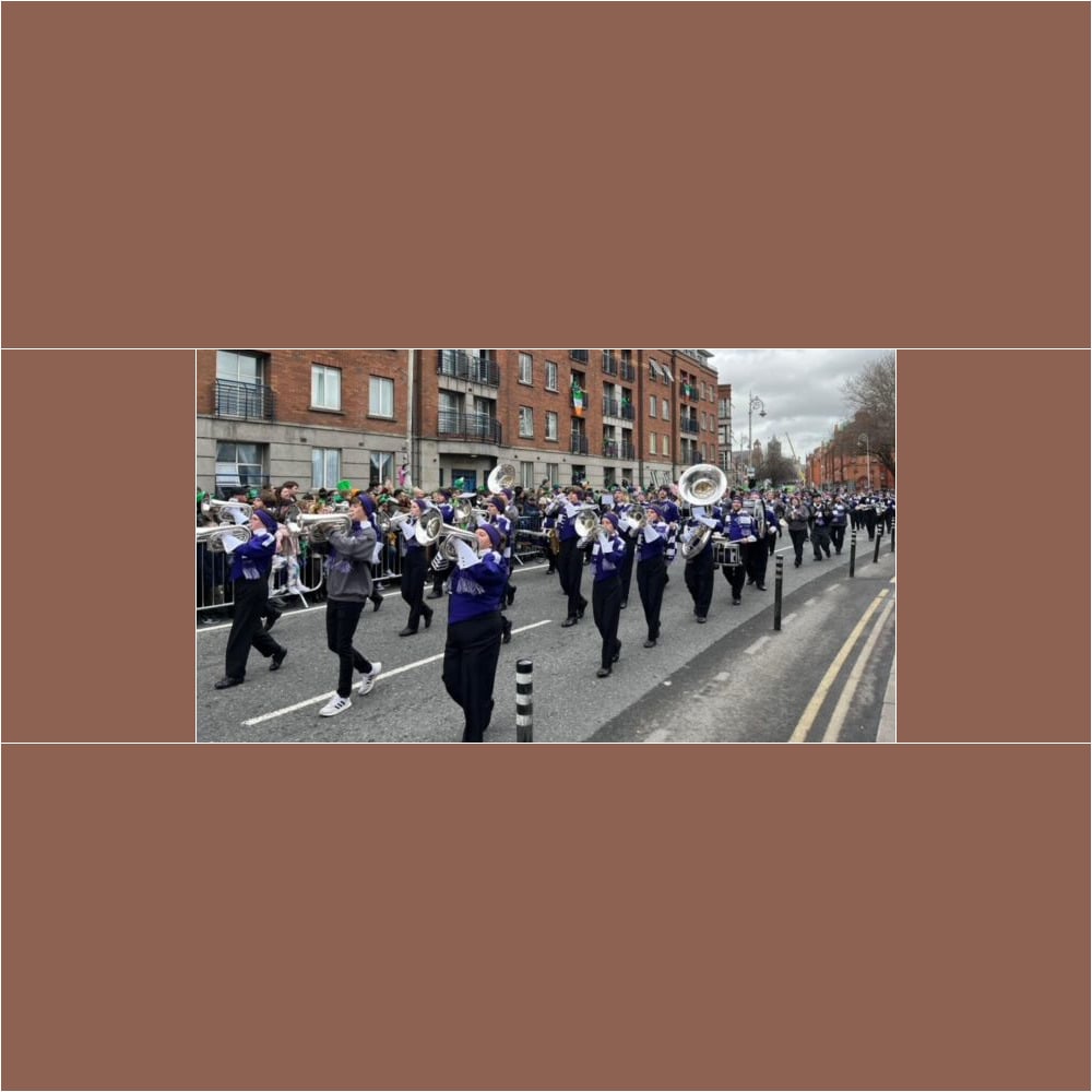 Members of the Paladin Regiment march in the St. Patrick's Day Parade in Dublin, Ireland. A marching band on the streets of Dublin.