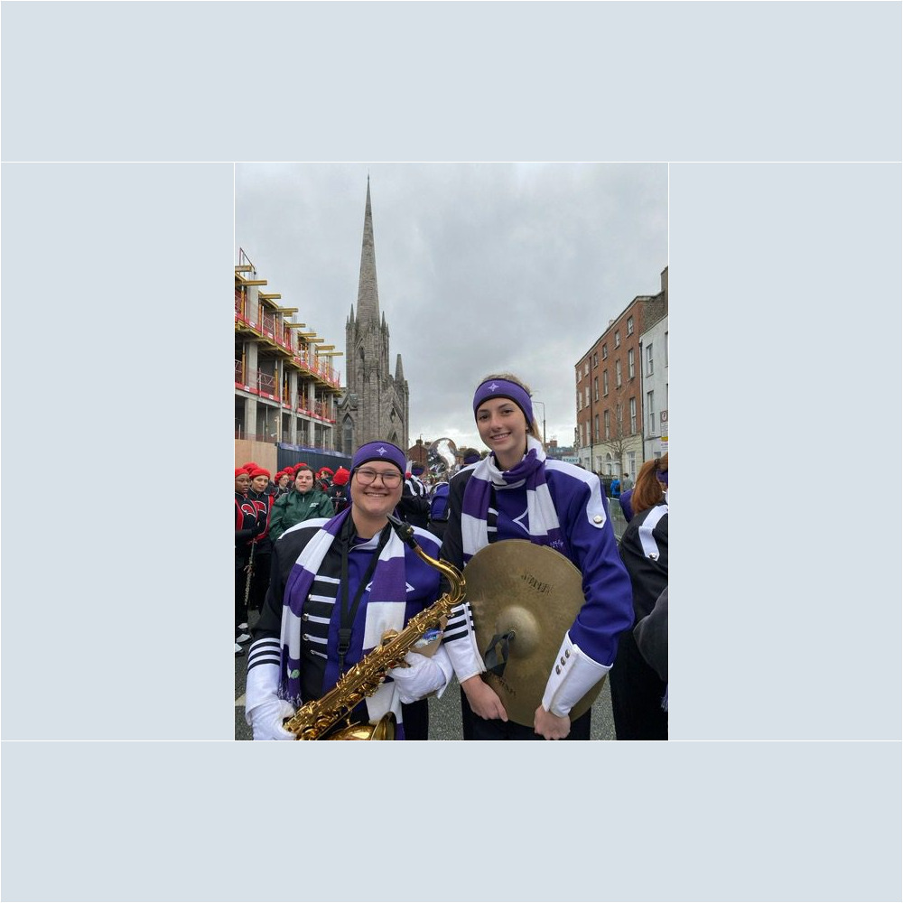 Members of the Furman marching band participated in the St. Patrick's Day Parade in Dublin, Ireland, on March 17, 2023. Carlyle McDowell '25 and Skylar Baraso '23 hang out before the parade.