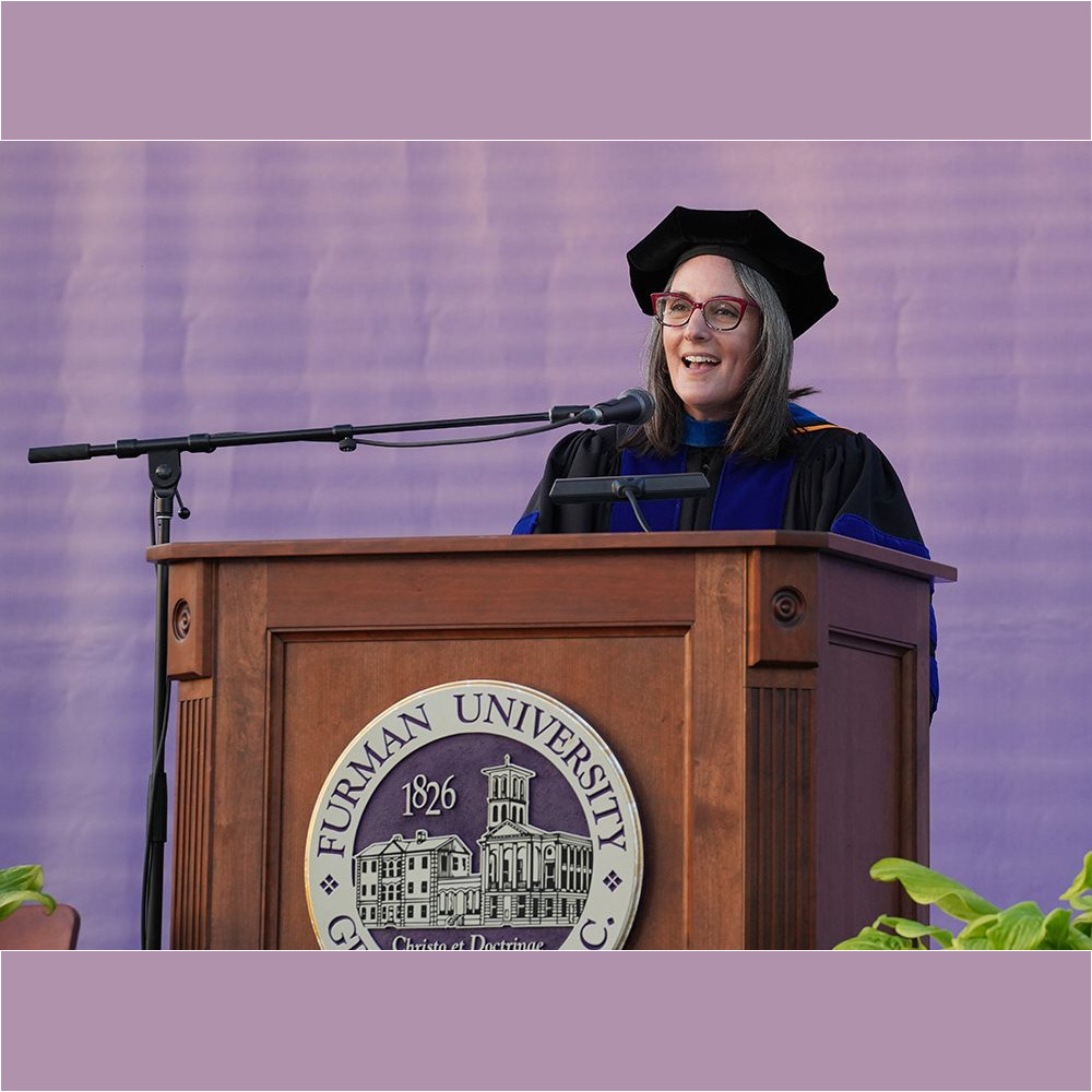 Beth Pontori, interim vice president for academic affairs and provost, speaks during Commencement on May 6.