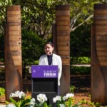 Samantha Beeson ’24 speaks during a ceremony to unveil the Benefactors Green on Saturday, April 13, 2024.
