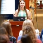 Lydia McCarty '24 presents during Furman Fellows presentations in Blackwell Atrium of the Duke Memorial Library.
Friday, April 12th, 2024