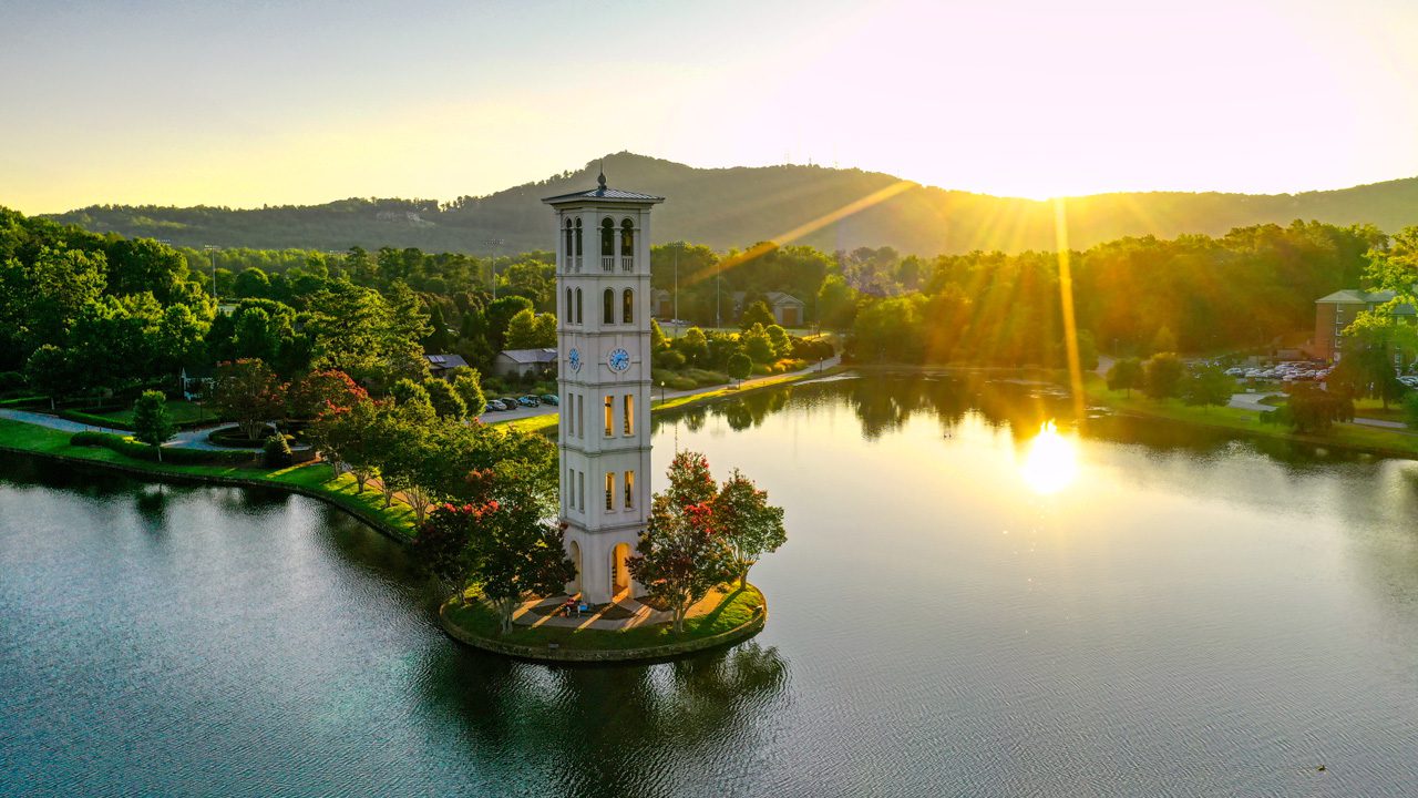 Aerial view of bell tower and lake