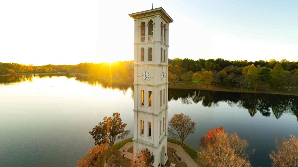 Furman bell tower at sunset