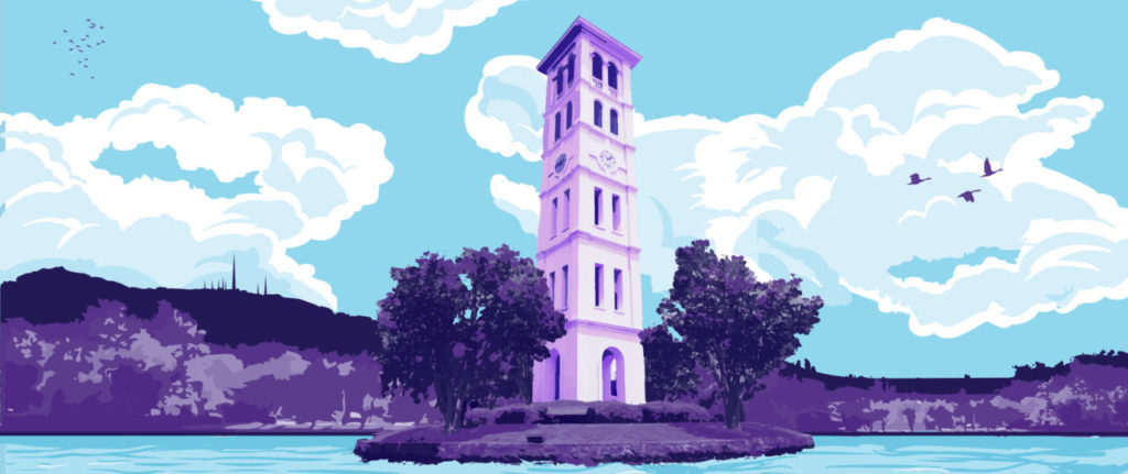 Graphic design belltower in purple and blue