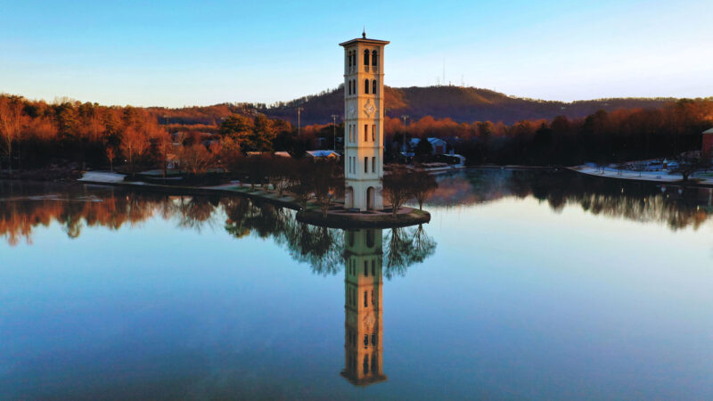 Furman bell tower and furman lake in the evening, aerial view