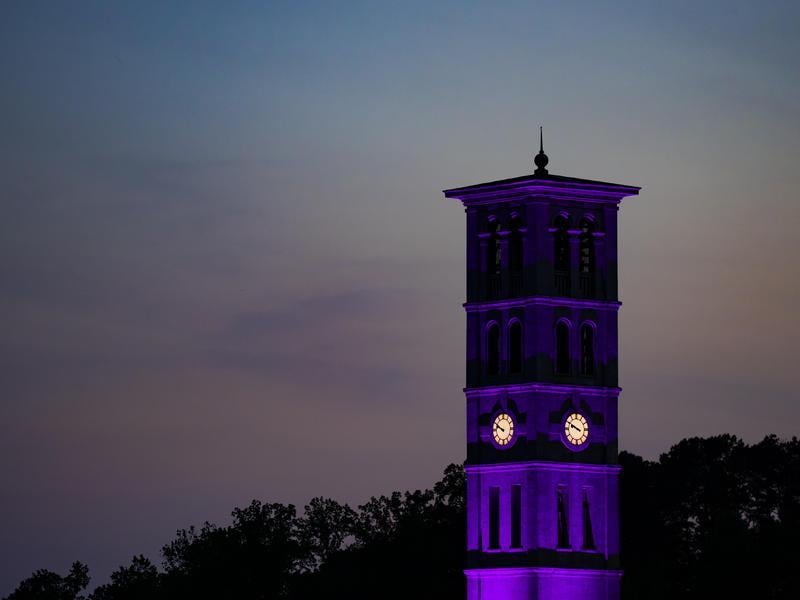Bell tower lit up purple